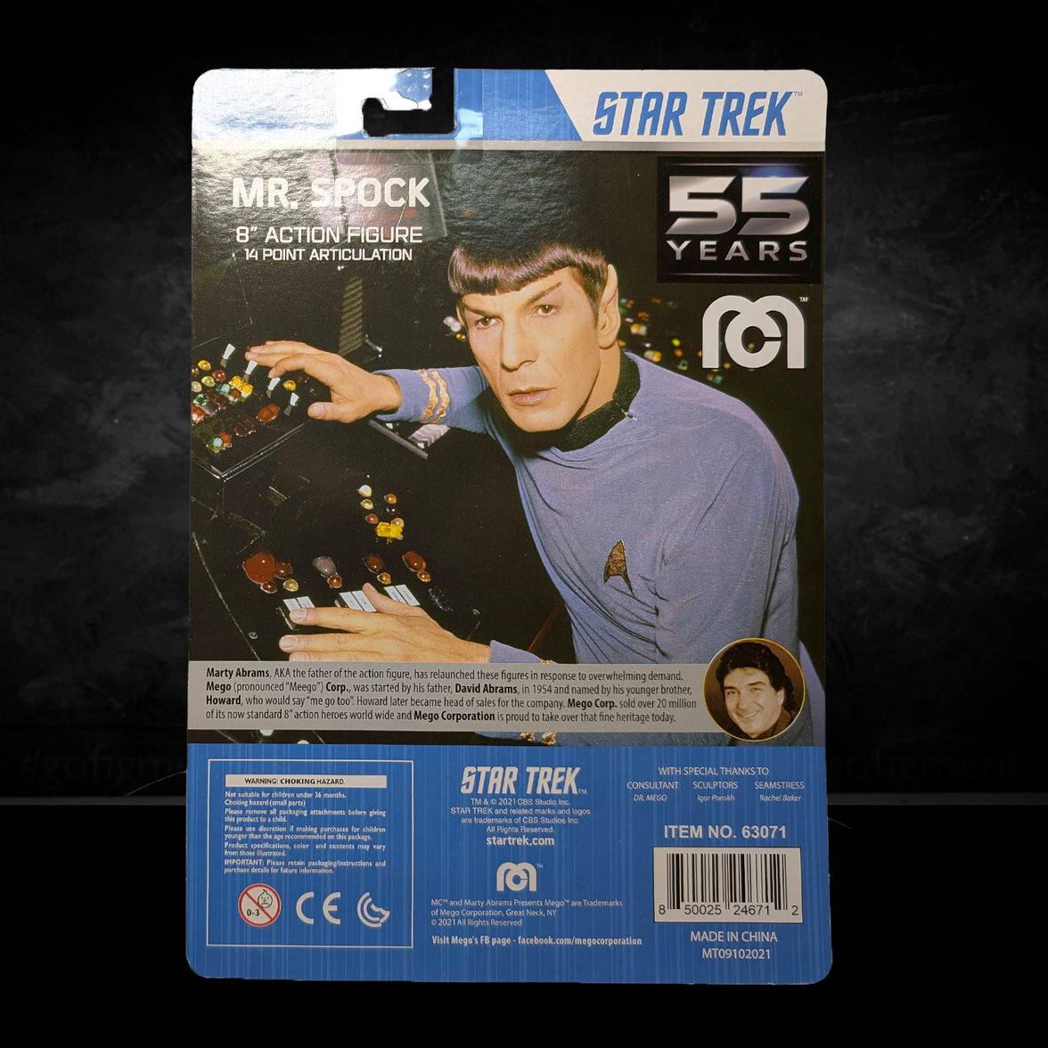 Spock Star Trek TOS Retro Style Articulated Mego Action Figure 8 inch packaging by Mego celebrating 55 years