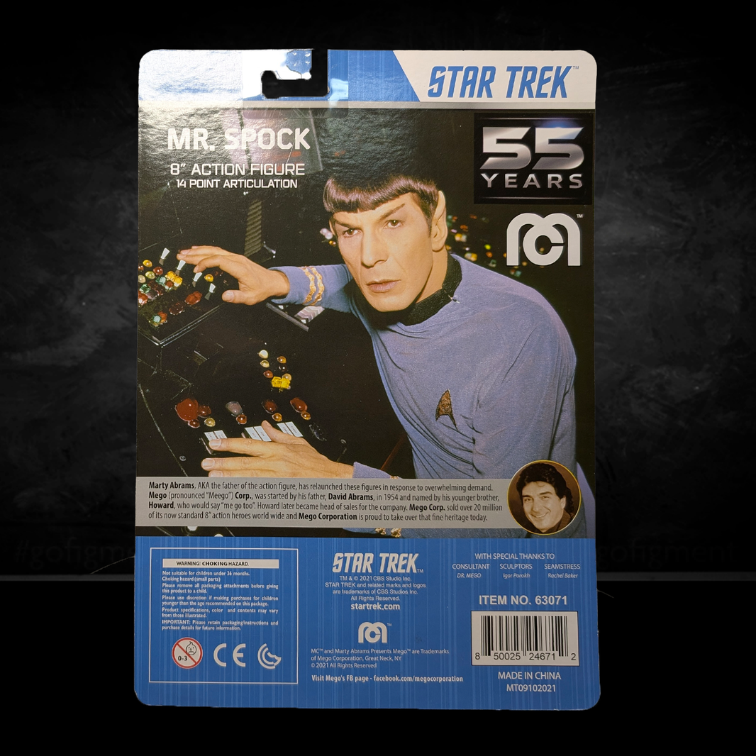 Spock Star Trek TOS Retro Style Articulated Mego Action Figure 8 inch packaging by Mego celebrating 55 years