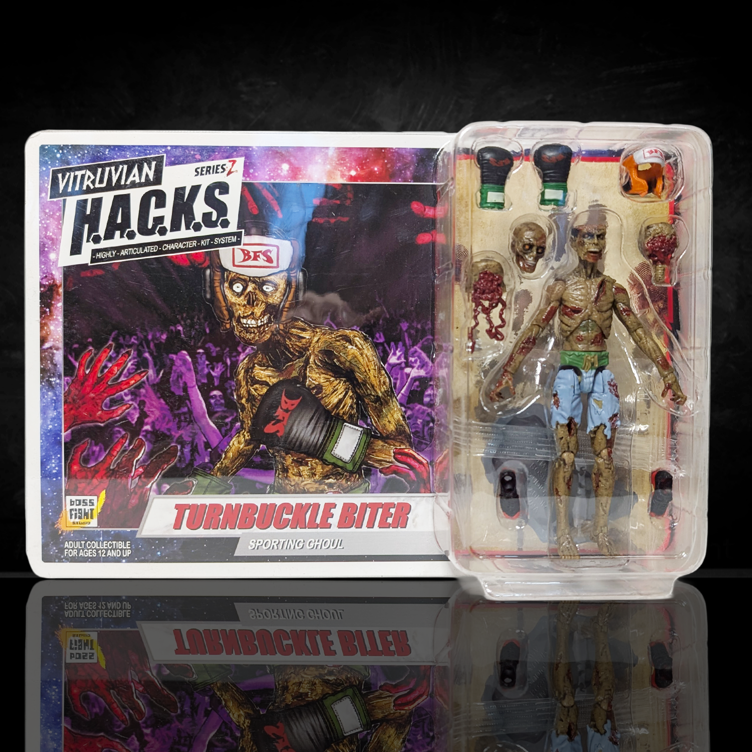 Action figure in packaging with Vitruvian H.A.C.K.S. branding on a dark background