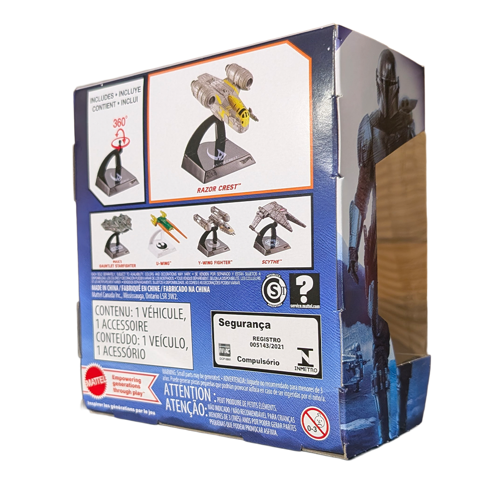 Back and side view of a Star Wars Razor Crest vehicle box with vehicle images and safety labels