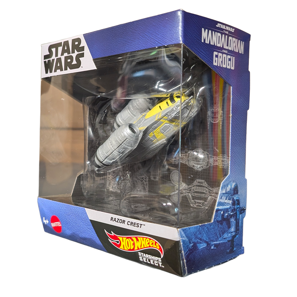 Boxed Star Wars The Mandalorian Razor Crest vehicle with Hot Wheels branding and Grogu packaging design