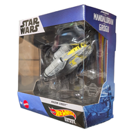 Boxed Star Wars The Mandalorian Razor Crest vehicle with Hot Wheels branding and Grogu packaging design
