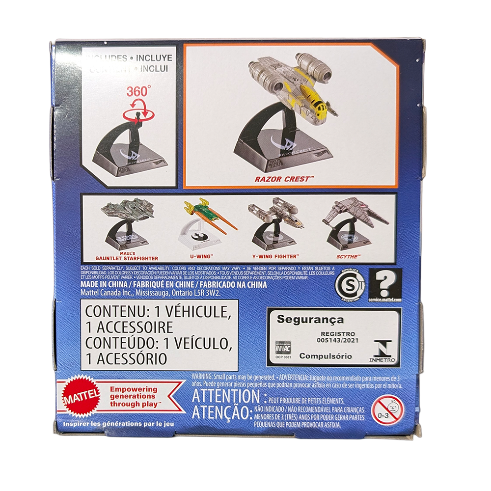 Back of Razor Crest packaging showing a spacecraft on a stand alternate ships and safety labels