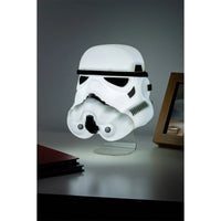 Star Wars Stormtrooper Mask Light - Wall Mountable LED Galactic Empire Lamp by Paladone glowing white on display stand