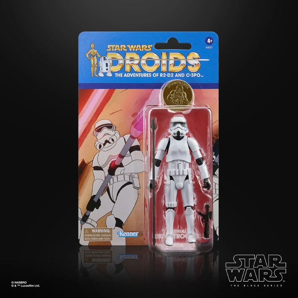 Star Wars The Black Series Droids Imperial Stormtrooper Action Figure (Creased Cardback) by Hasbro in vintage packaging.