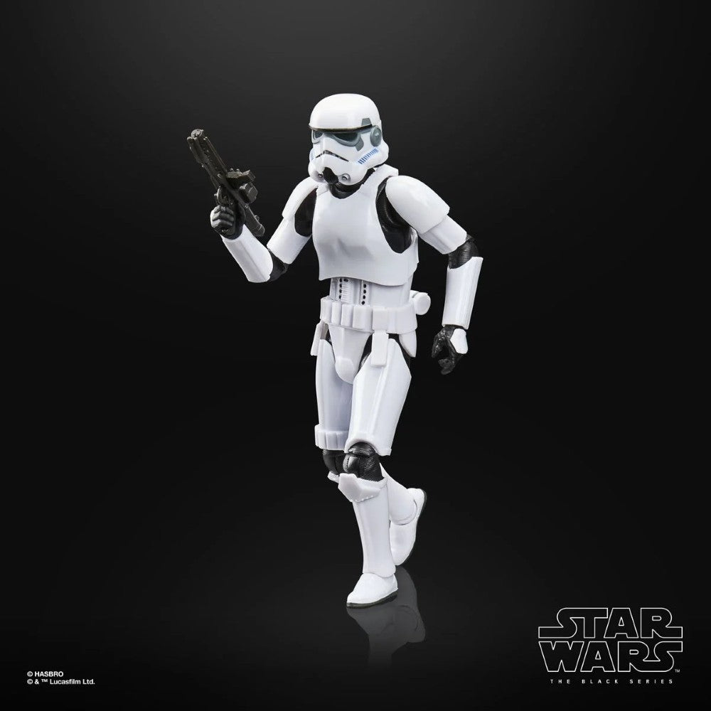 Star Wars The Black Series Droids Imperial Stormtrooper Action Figure (Creased Cardback) by Hasbro posed with blaster.