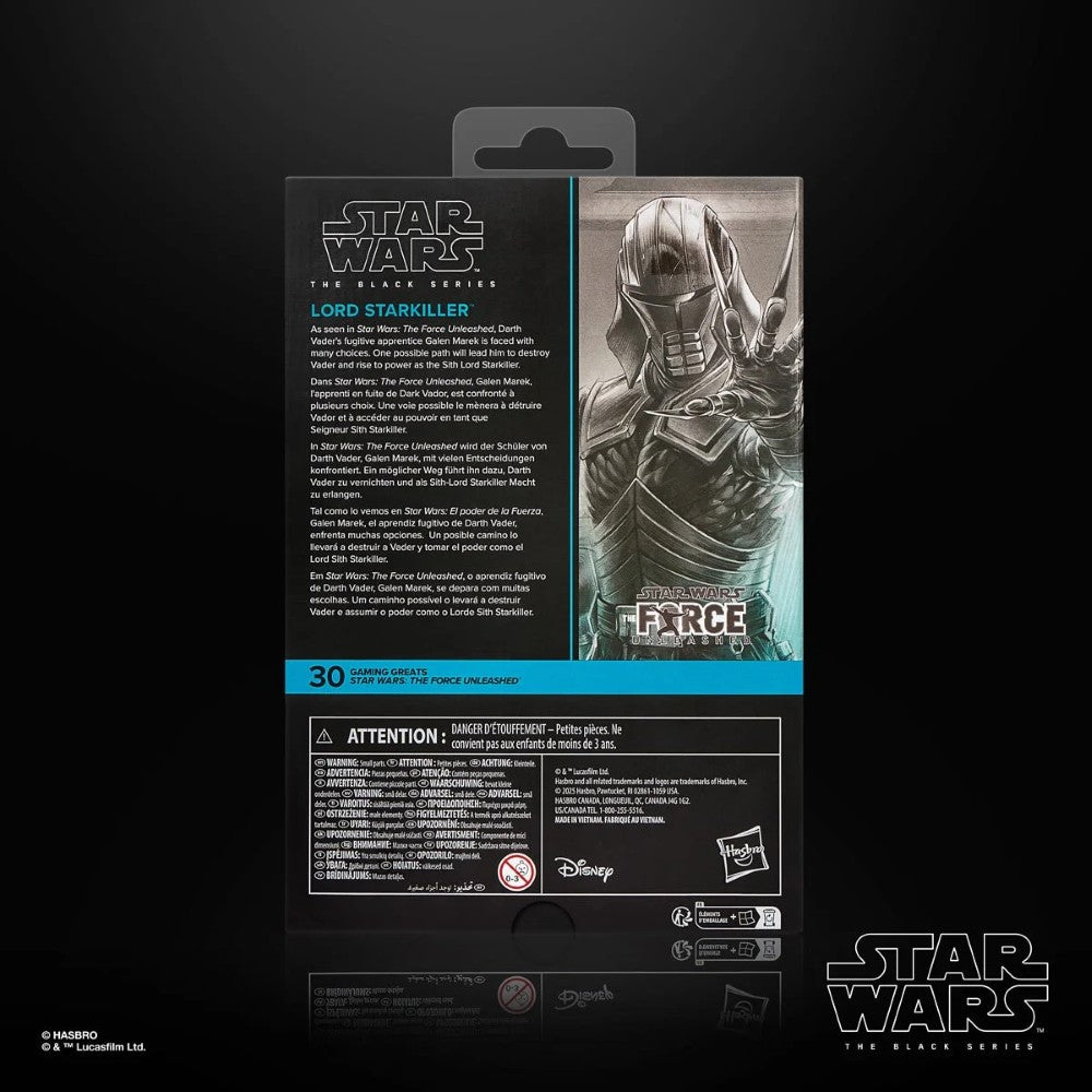 Packaging back for Lord Starkiller 1:12 Scale 6" Star Wars The Force Unleashed Action Figure by Hasbro with character details.