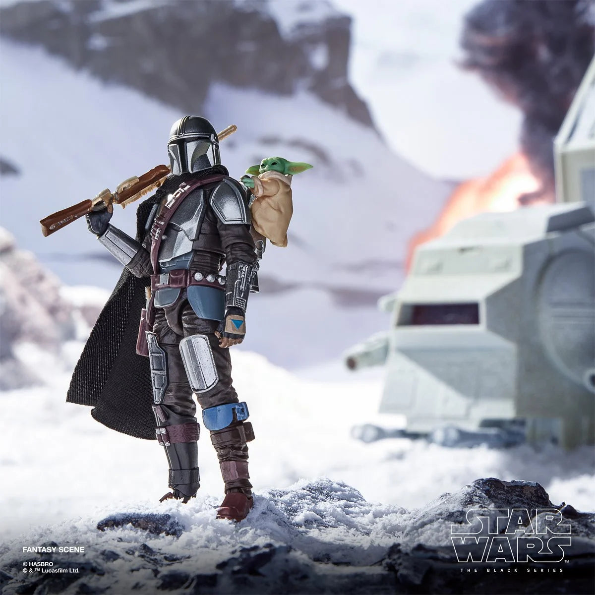 Star Wars The Vintage Collection The Mandalorian & Grogu Deluxe 3 3/4-Inch Action Figure by Kenner in snowy scene