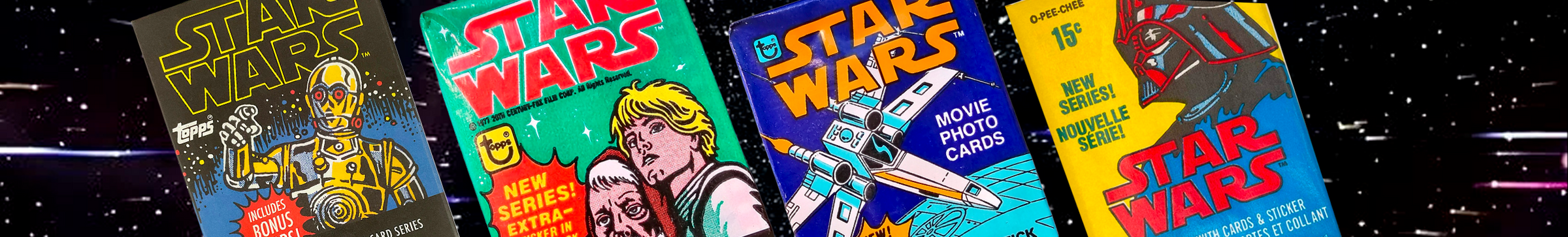 Four vintage Star Wars trading card packs with colorful character and logo designs set against a starry space background