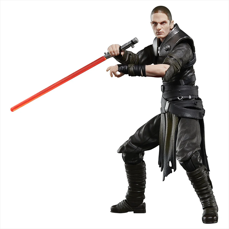 Hasbro Star Wars Black Series Starkiller action figure with red lightsaber in dynamic combat pose