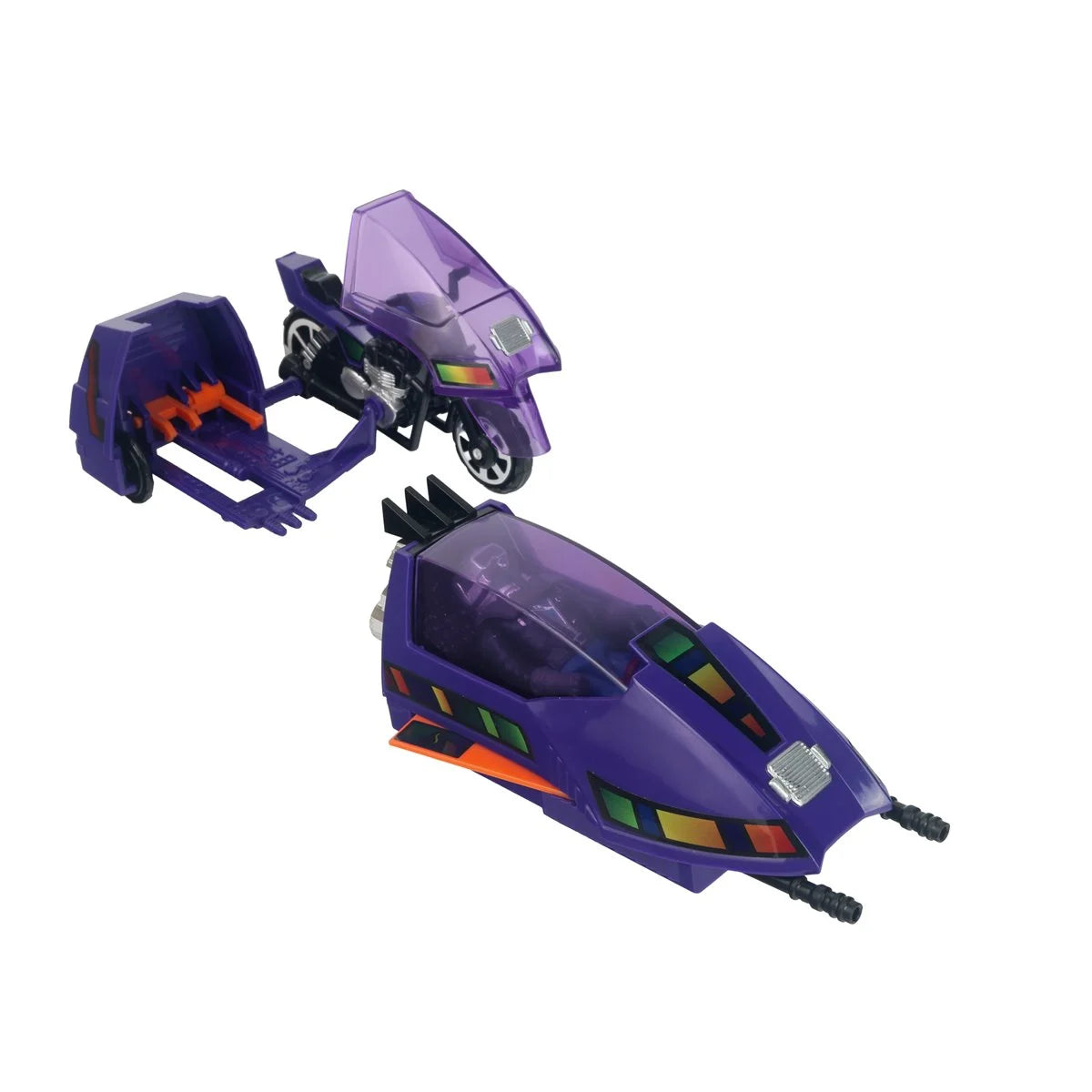 Two purple futuristic toy vehicles with transparent cockpits and colorful details