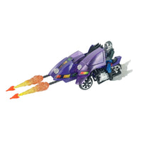 Purple futuristic motorcycle with armored rider and twin flame effects