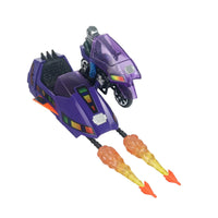 Purple futuristic toy vehicle with two orange and yellow flame effects