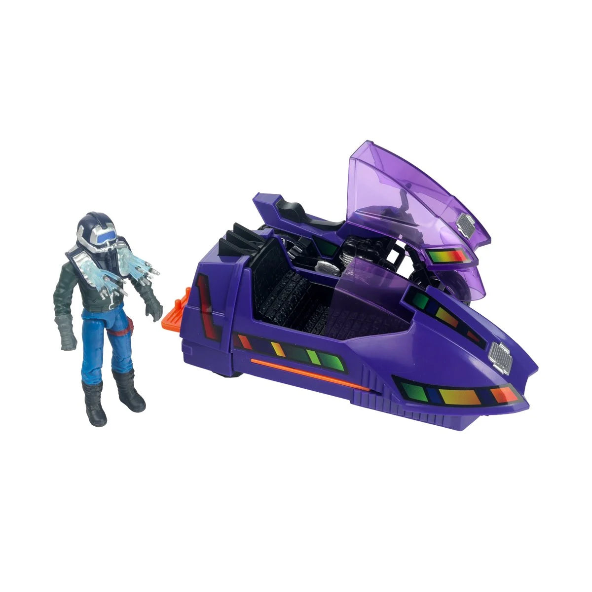 Purple futuristic vehicle with open cockpit beside a blue-suited astronaut figure