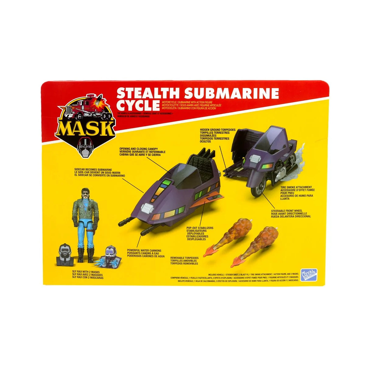 Retro toy packaging showing a black submarine vehicle motorcycle figure and accessories on a yellow background