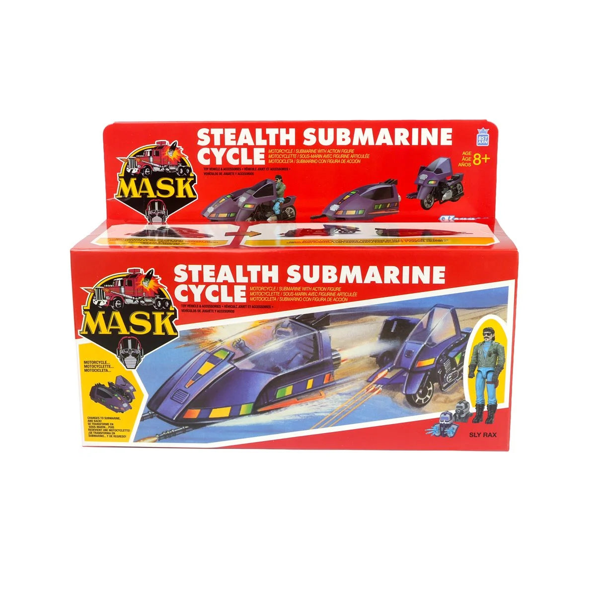 Red M.A.S.K. Stealth Submarine Cycle toy packaging with vehicle artwork and a character illustration