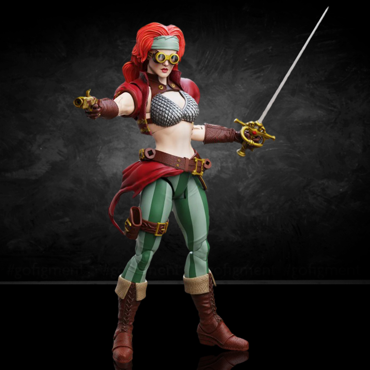 Action figure with red hair and green outfit holding weapons on a dark background