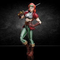 Action figure with red hair and green outfit against a dark background