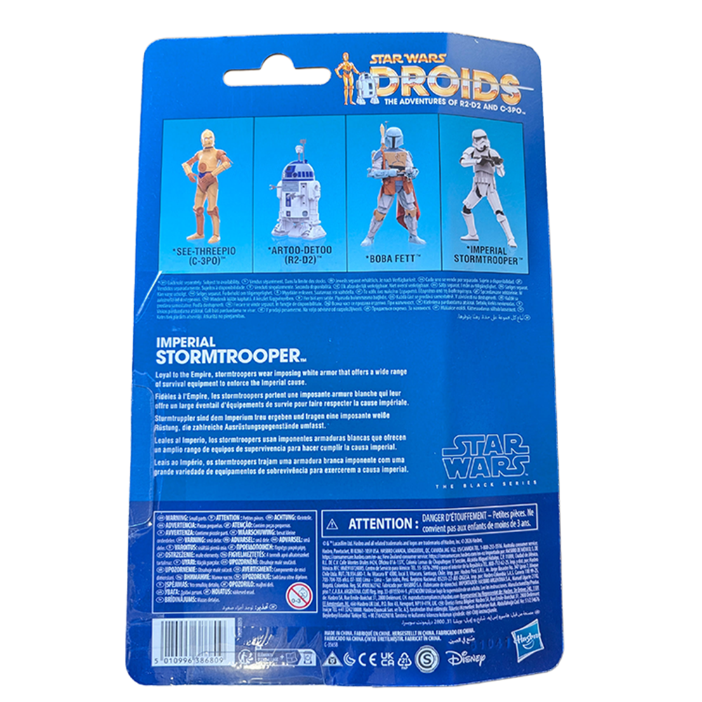 Star Wars The Black Series Droids Imperial Stormtrooper Action Figure (Creased Cardback) by Hasbro packaging back side with character images.