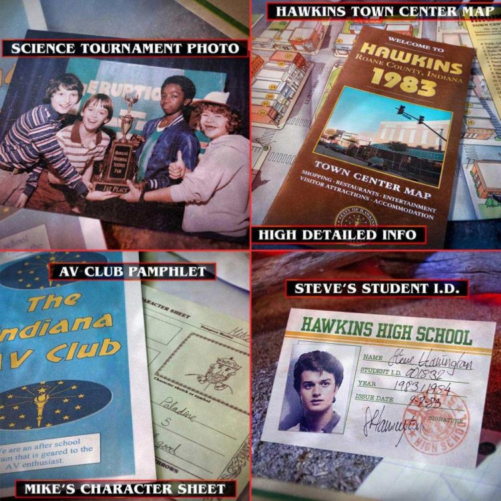 Stranger Things Hawkins Memories (Vecna's Curse Edition) Kit - Over 50 Pieces showing collectible character sheets and memorabilia by Doctor Collector
