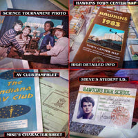 Stranger Things Hawkins Memories (Vecna's Curse Edition) Kit - Over 50 Pieces showing collectible character sheets and memorabilia by Doctor Collector