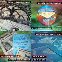 Stranger Things Hawkins Memories (Vecna's Curse Edition) Kit - Over 50 Pieces by Doctor Collector showing flyers, badge, and blueprint map.