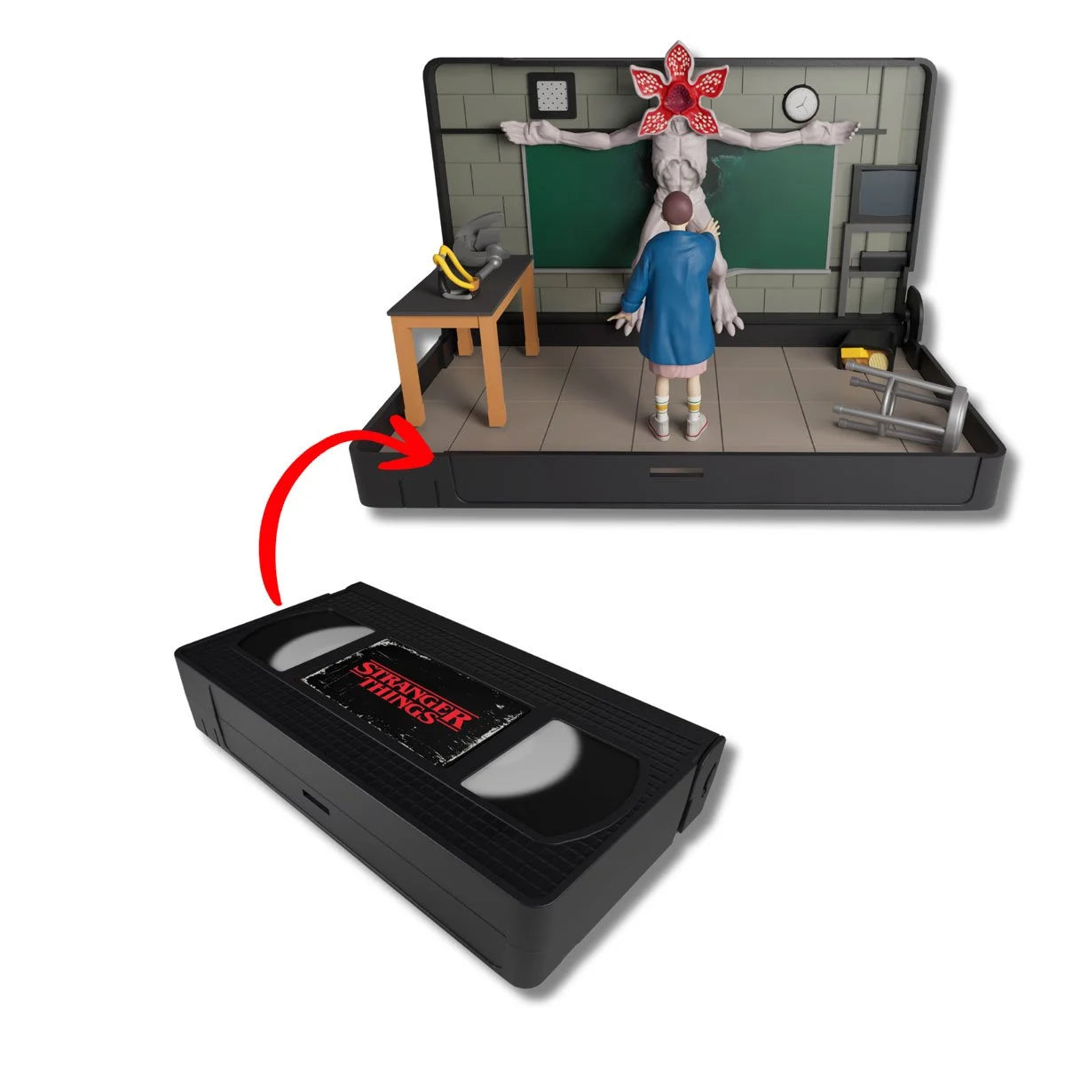 VHS Stars Stranger Things Eleven vs. Demogorgon Diorama Playset by Console Heroes with detailed VHS tape design