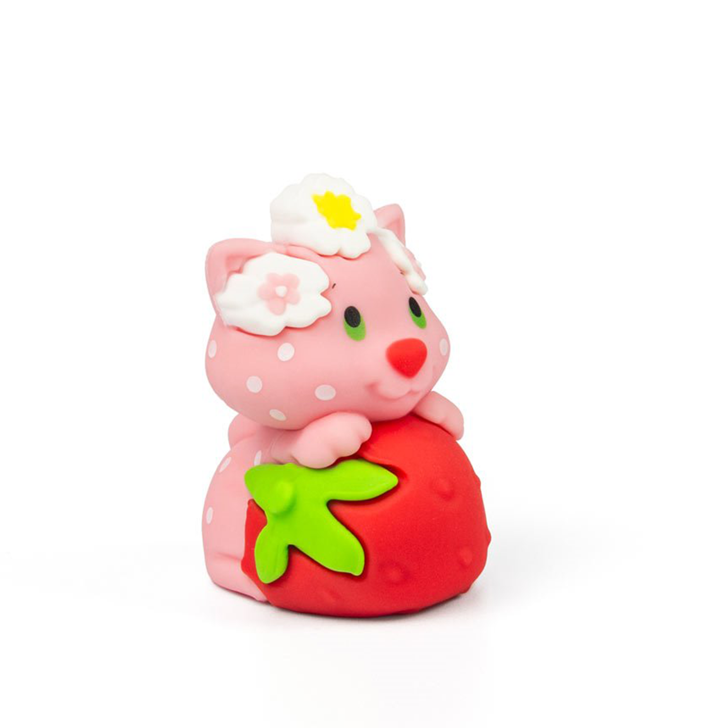 Strawberry Shortcake 2.5" Custard the Cat with Strawberry Cheebee Figure by Loyal Subjects, pink cat holding strawberry