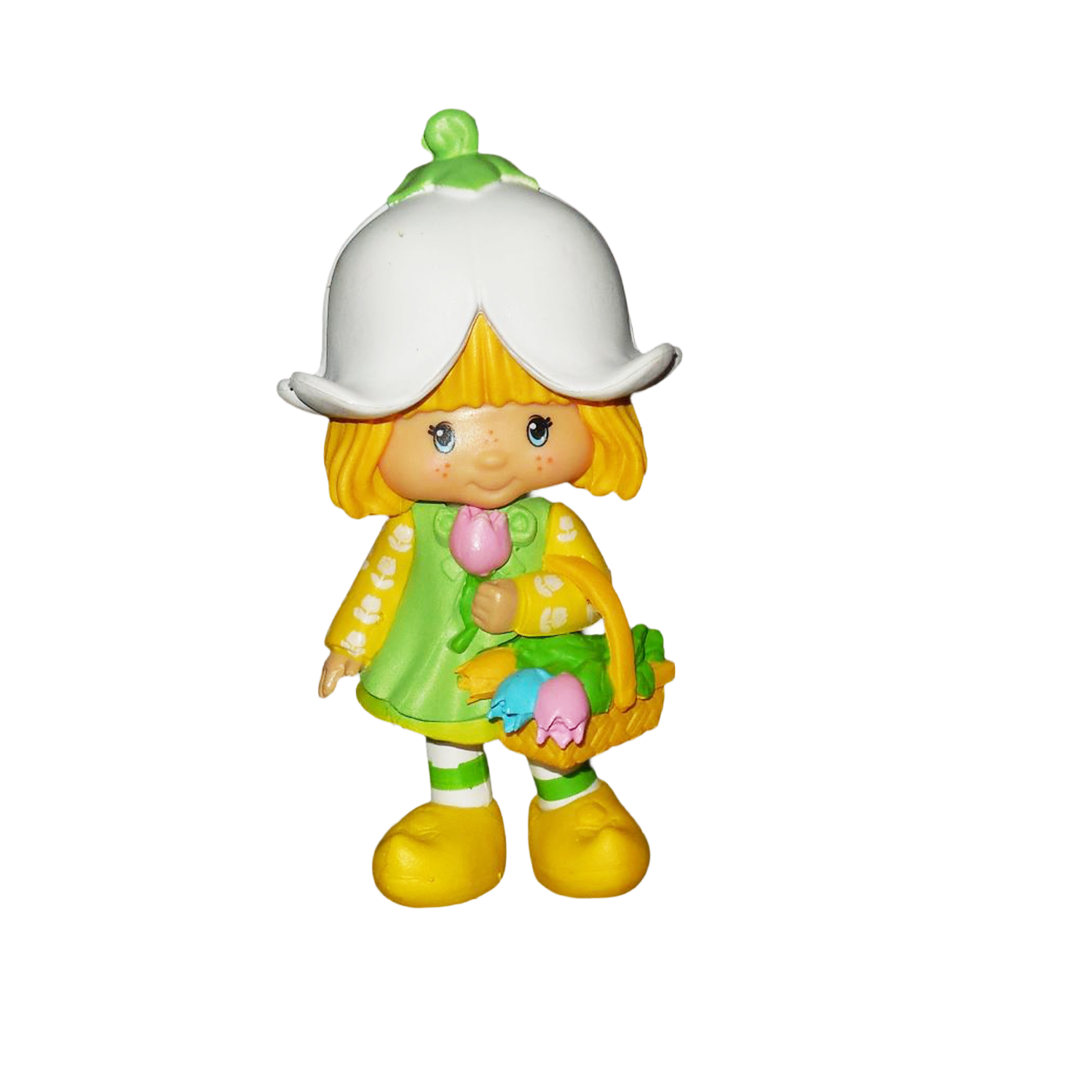 Strawberry Shortcake 2.5" Mint Tulip Cheebee Figure by Loyal Subjects holding flowers and wearing green and yellow outfit