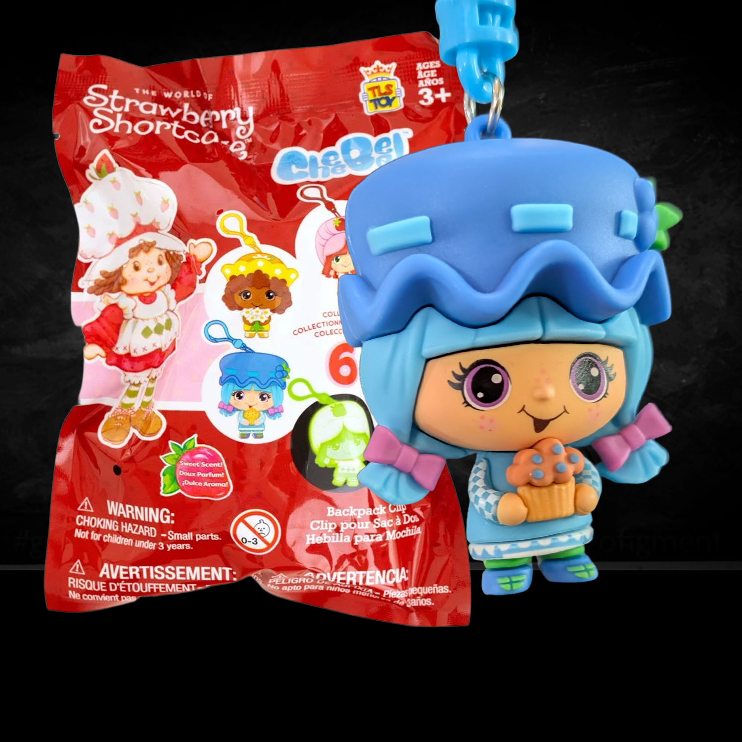 Strawberry Shortcake CheeBee U-PICK 2.5-Inch Keychain Blind Bag featuring blue-haired character holding cupcake by Loungefly new in box