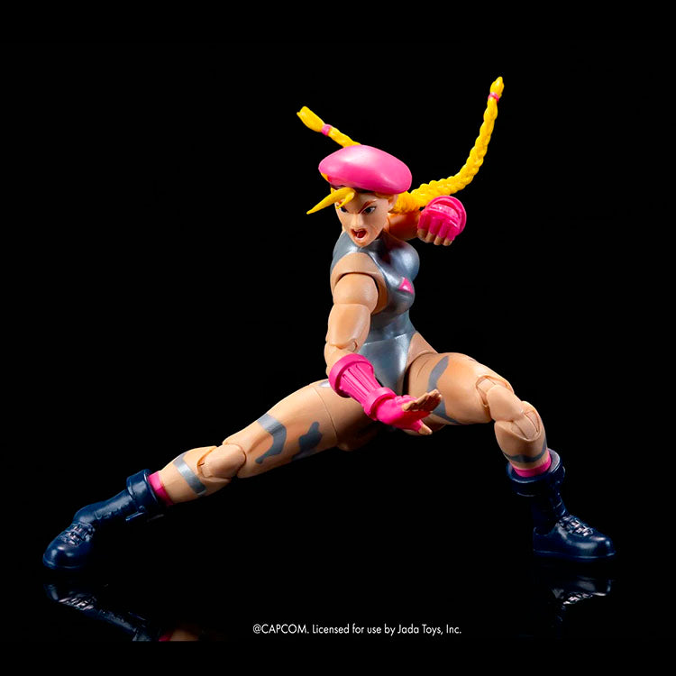 Jada Toys Ultra Street Fighter II Cammy in Pink and Silver 6-inch action figure dynamic pose on black background