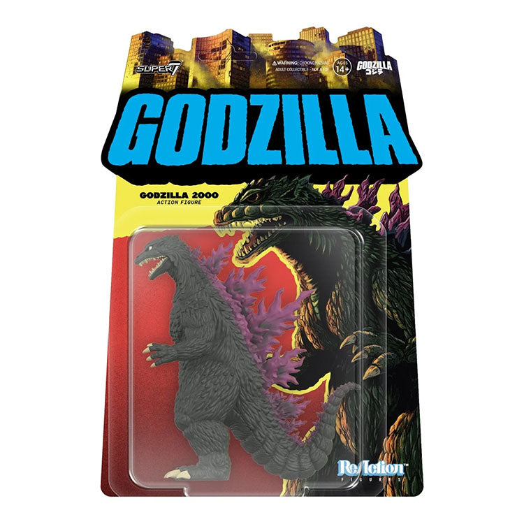 Godzilla 2000 action figure by Super7 from ReAction series in blister packaging with artwork background