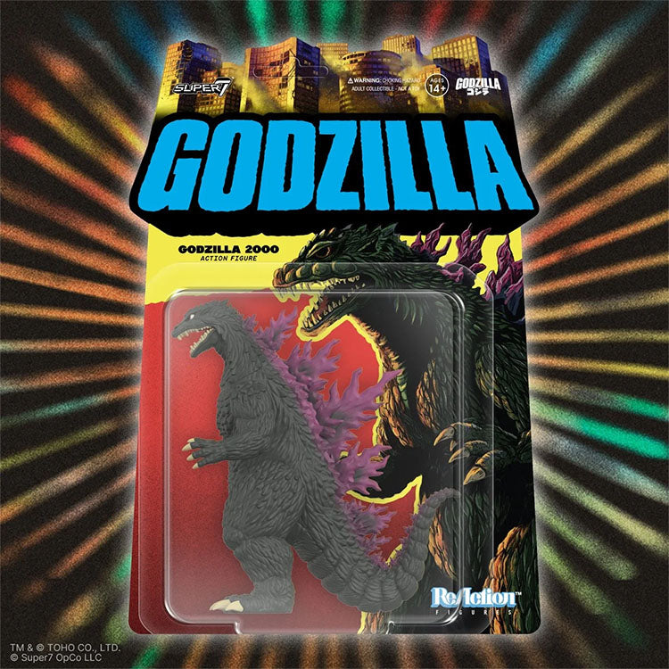 Super7 Godzilla 2000 King of the Monsters ReAction 1:18 scale action figure in packaging with city background artwork