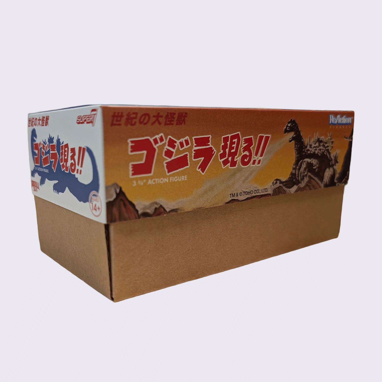 Super7 Toho ReAction Wave 1 Godzilla 3.75-inch retro style action figure box with vintage Japanese artwork