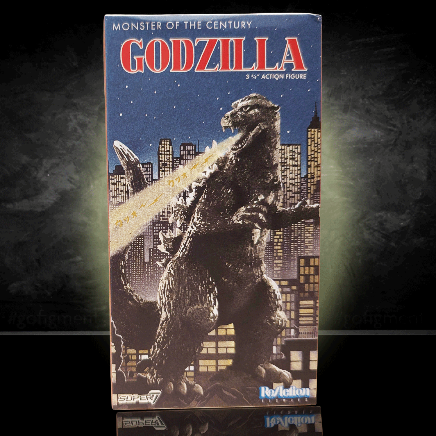 Super7 Toho ReAction Wave 1 Godzilla 3.75-inch retro style action figure in vintage cityscape packaging