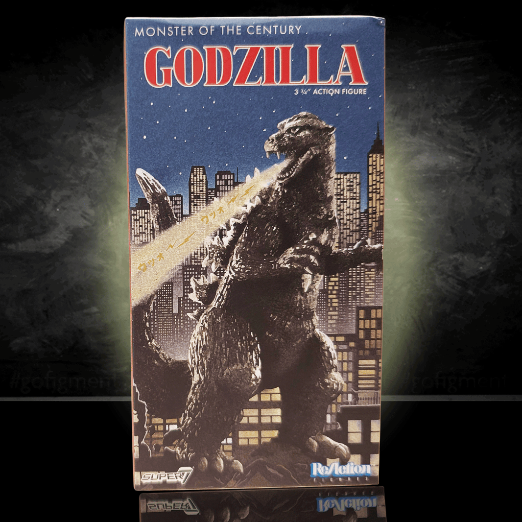 Super7 Toho ReAction Wave 1 Godzilla 3.75-inch retro style action figure in vintage cityscape packaging
