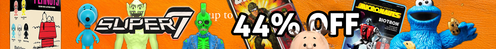 Banner featuring various colorful cartoon and toy characters with discount text on an orange background