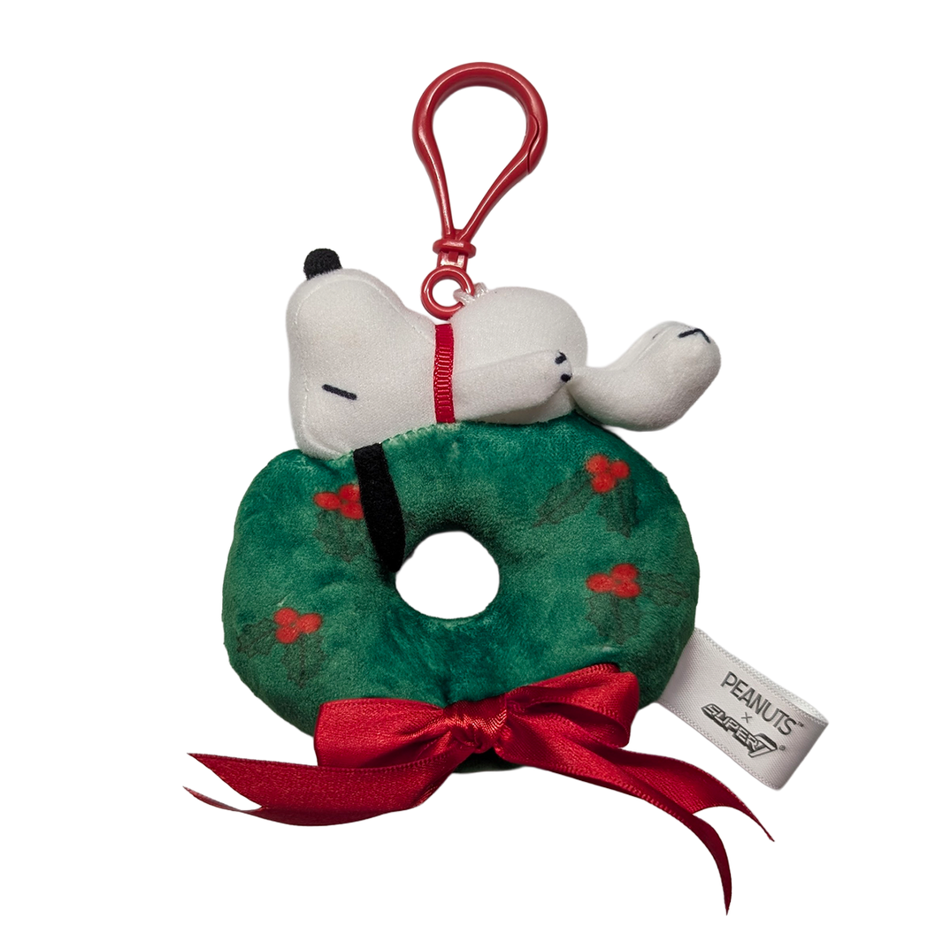 Snoopy on Wreath Peanuts Super Duper Plush Holiday Keychain Super7 with red bow