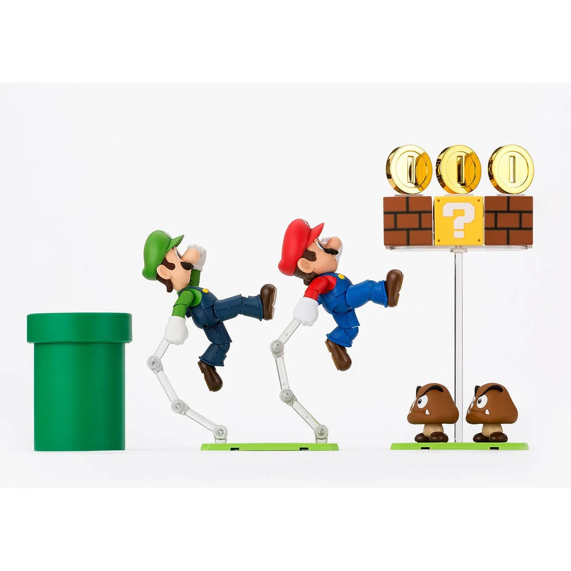 SuSuper Mario Bros S.H.Figuarts Action Figure Playset by Bandai Tamashii Nations with Mario, Luigi, coins, and Goombas by SH Figuarts