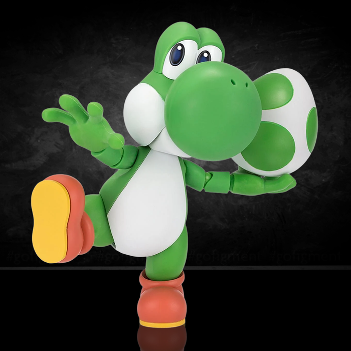 Super Mario Bros Yoshi S.H.Figuarts Action Figure by Bandai Tamashii Nations by SH Figuarts holding an egg collectible figure