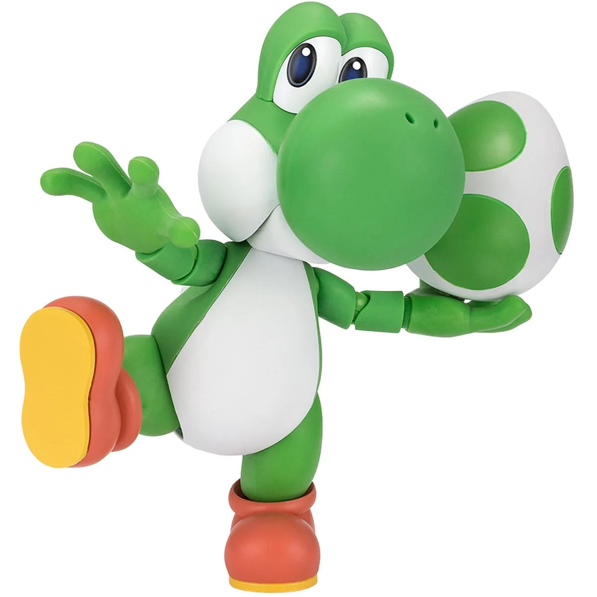 Super Mario Bros Yoshi S.H.Figuarts Action Figure by Bandai Tamashii Nations in dynamic pose holding green-spotted egg by SH Figuarts