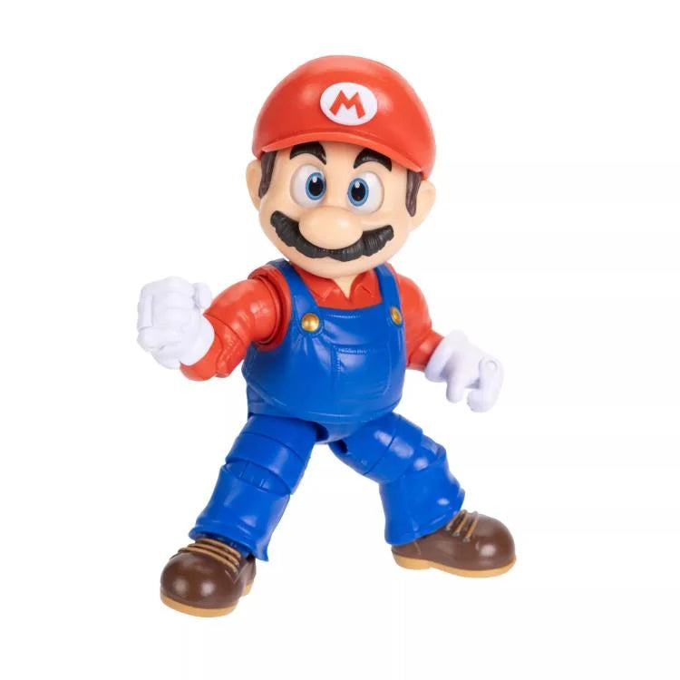 The Super Mario Galaxy Movie Mario 5-Inch Scale Action Figure by JAKKS PACIFIC in a dynamic pose with signature red hat and blue overalls