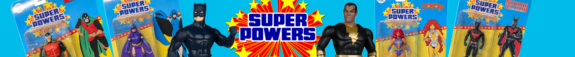 Super Powers artwork featuring Batman, Superman, and colorful comic style character covers