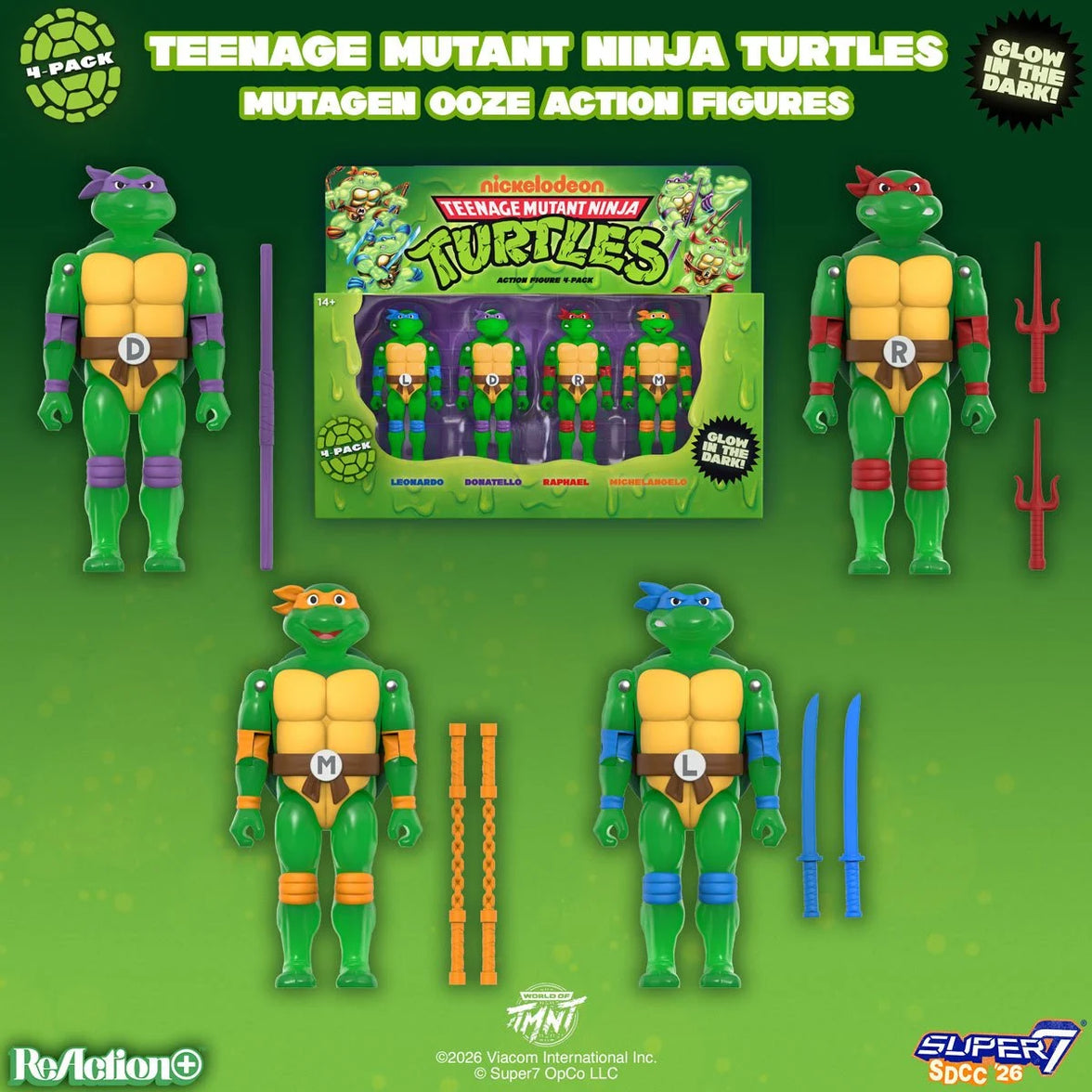 Teenage Mutant Ninja Turtles Mutagen Ooze Glow-in-the-Dark ReAction+ Action Figure 4-Pack by Super7 3.75-Inch