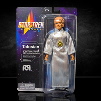 Mego 8-inch Star Trek Talosian figure in silver robe with gold medallion and 26 points of articulation in collector packaging