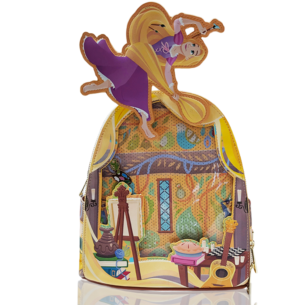Disney Tangled 2026 Loungefly Cosplay Mini-Backpack In Hand featuring detailed Rapunzel scene and vibrant colors by Loungefly