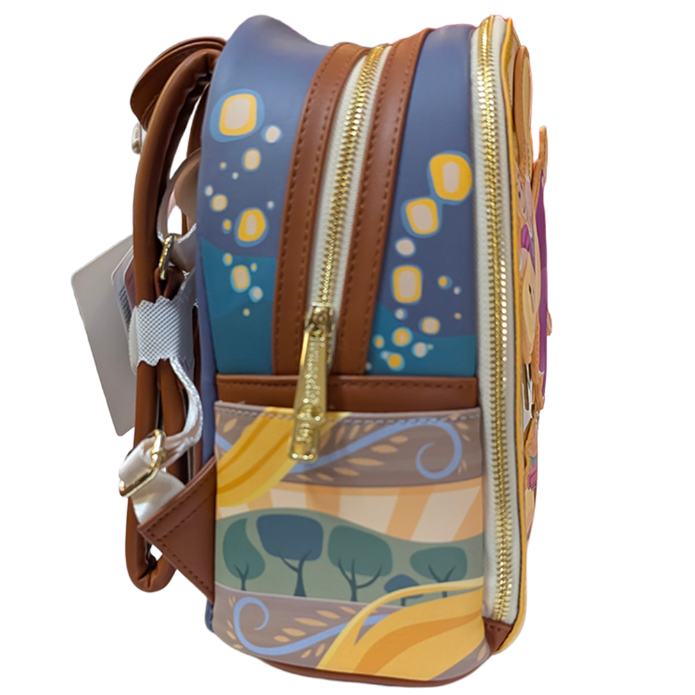 Disney Tangled 2026 Loungefly Cosplay Mini-Backpack In Hand with detailed colorful side print and gold zippers by Loungefly