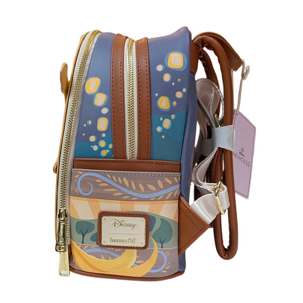 Disney Tangled 2026 Loungefly Cosplay Mini-Backpack In Hand showing side design with brown trim and gold zipper