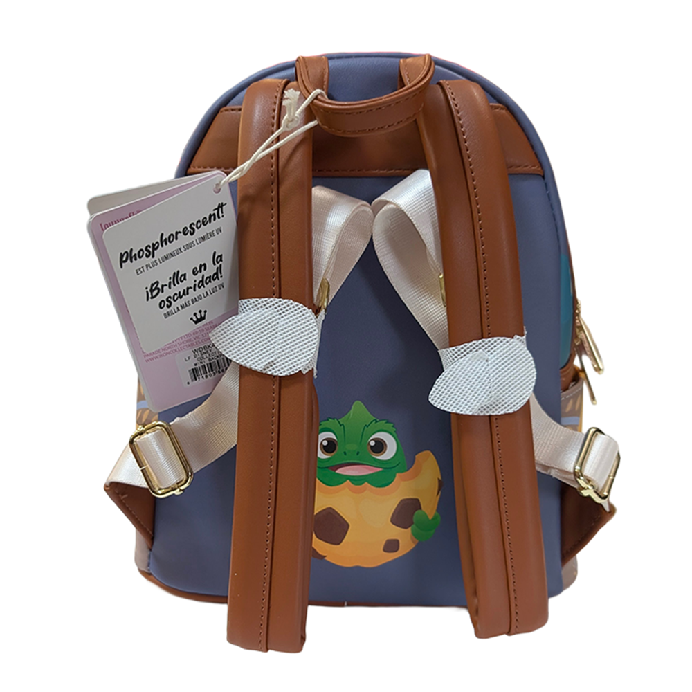 Disney Tangled 2026 Loungefly Cosplay Mini-Backpack In Hand with Pascal design and brown adjustable straps by Loungefly