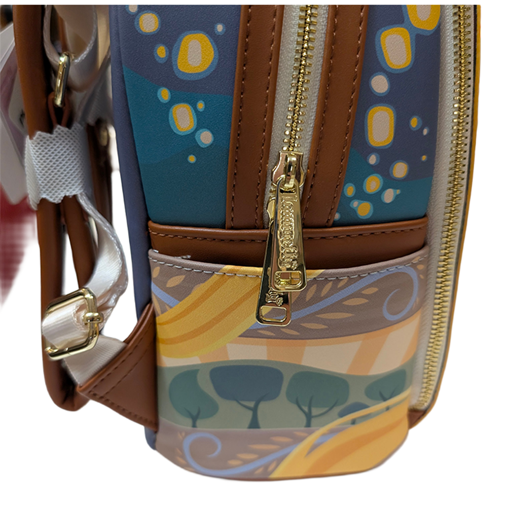 Disney Tangled 2026 Loungefly Cosplay Mini-Backpack In Hand with detailed patterned side and gold zippers by Loungefly